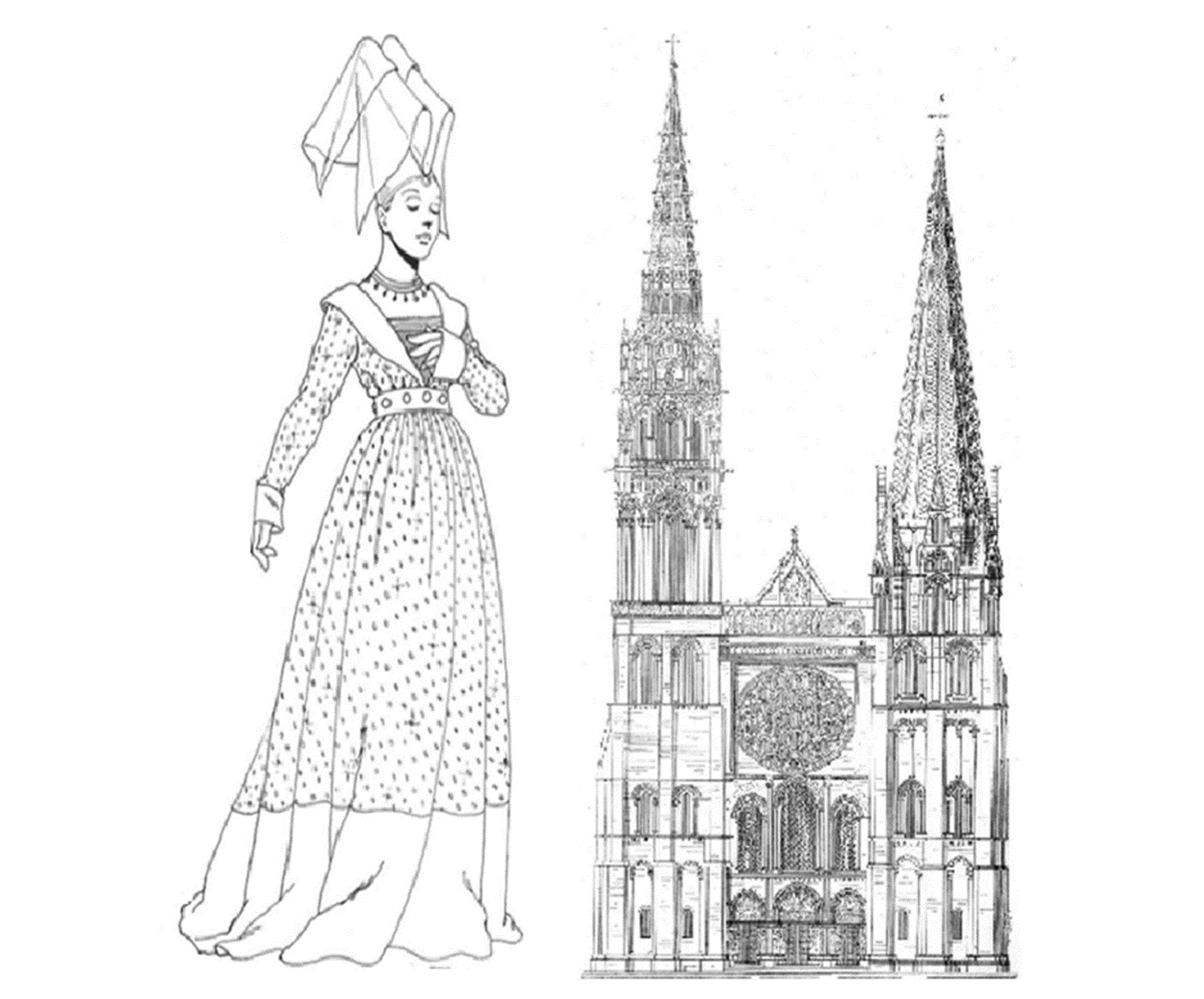 Силуэтная форма костюма и головного убора напоминают вытянутые архитектурные формы готического собора