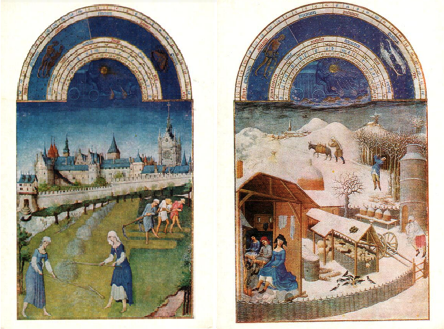 Миниатюры часослова братьев Лимбургов «Июнь» и «Февраль»