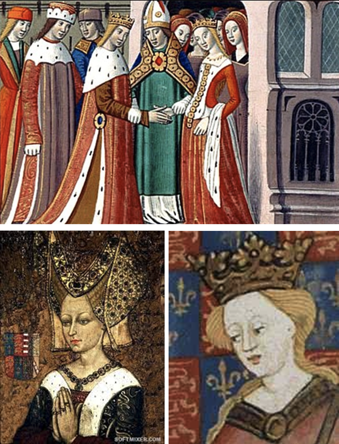 Изображения королевы Маргариты XV в. Миниатюра «Vigiles de Charles VII»; фрагмент миниатюры из «Книги Талбота Шрусбери»