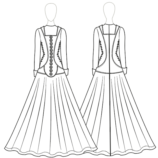 Технический эскиз женского сюрко. Вид спереди, вид сзади