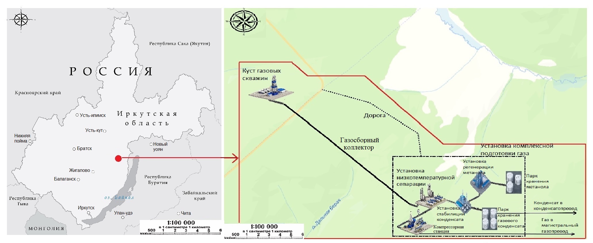 Карта расположения Ковыктинского газоконденсатного месторождения и промышленные установки на промплощадке