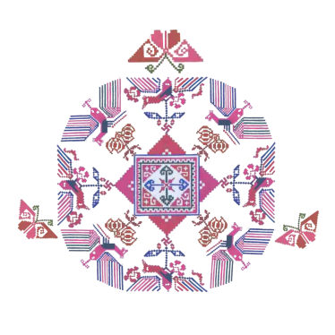 Static rendering of Qiang embroidery cross-stitch “Longevity Peach”