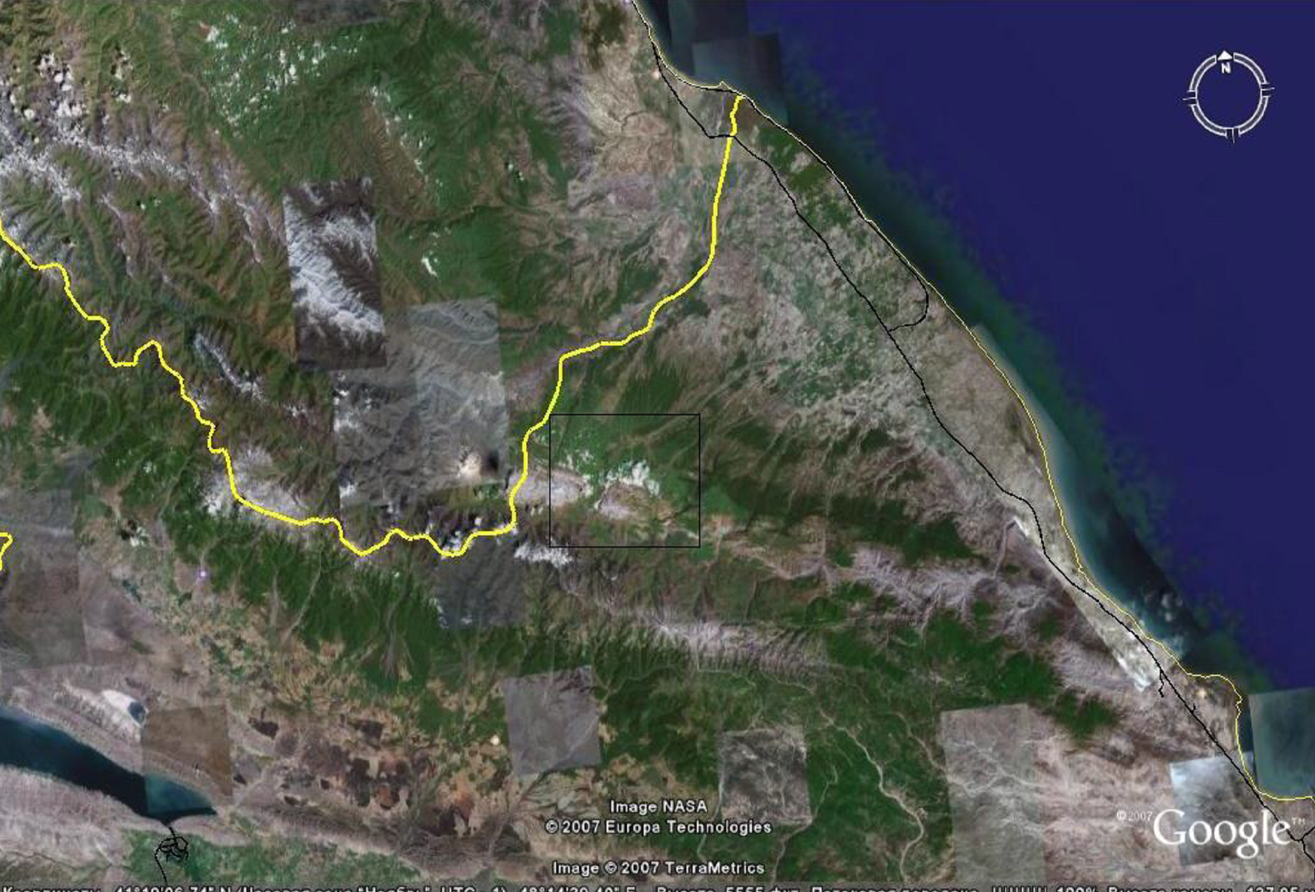 The image obtained using the Google Earth system is a satellite shot of the explored area inside the black rectangle