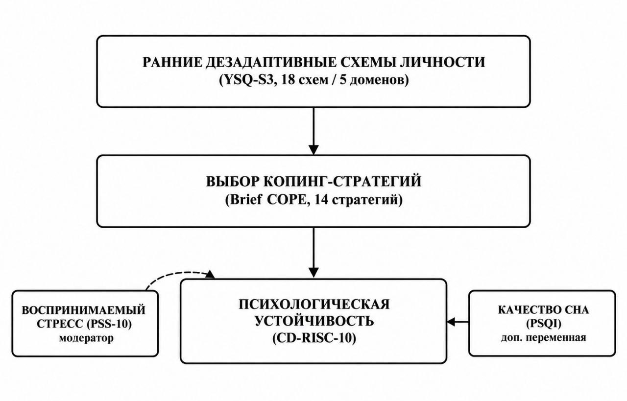 Теоретическая модель взаимосвязи ранних дезадаптивных схем, копинг-стратегий и психологической устойчивости специалистов морского транспорта